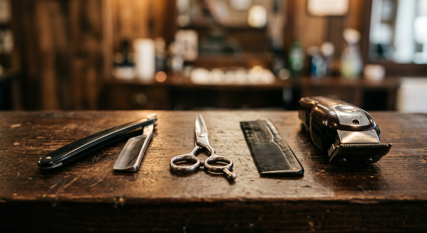 Barber scissors, razor, comb and clippers laid out on a wooden counter