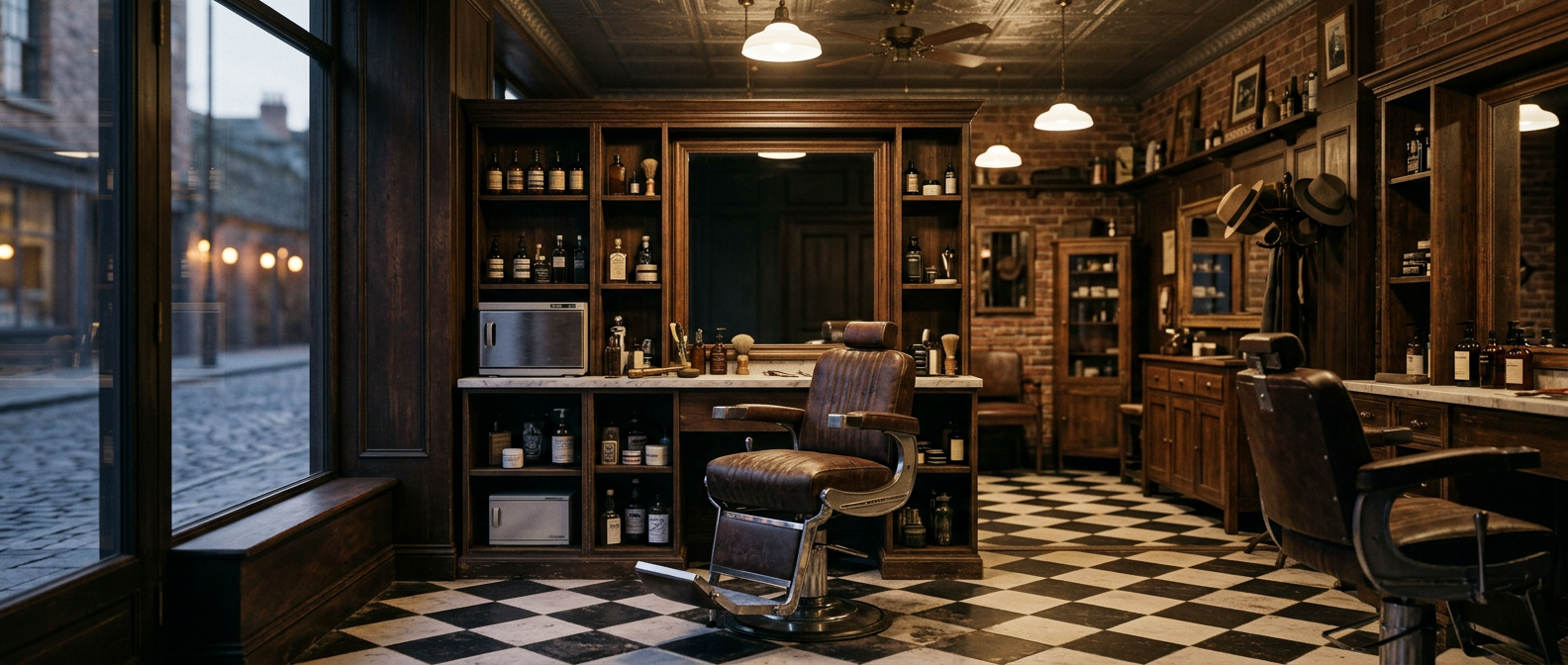 Classic barber chair in front of a mirror inside a barber shop